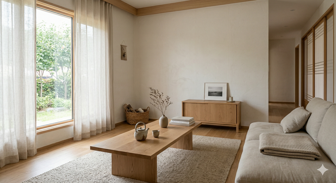 Korean minimalism home decor with soft lighting and calm living atmosphere
