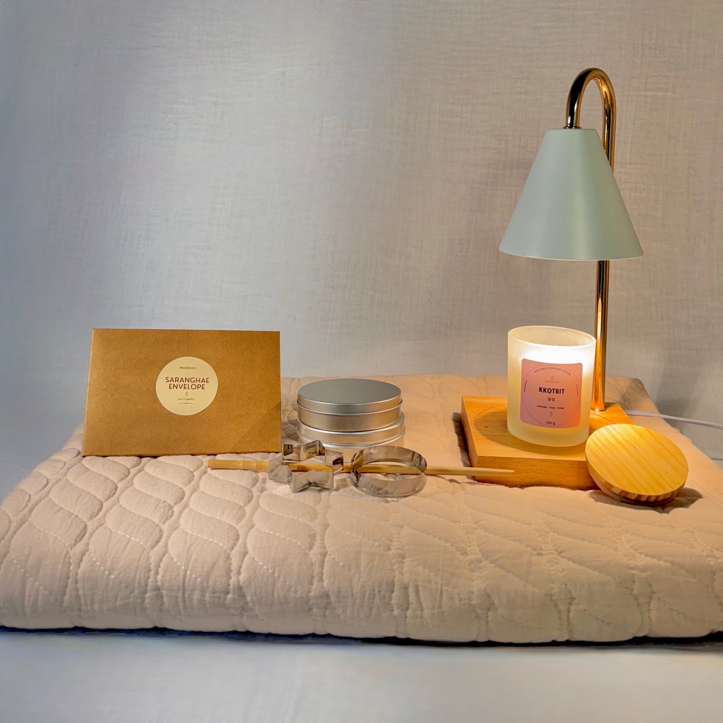 Saranghae date night kit cozy floor setup with candle warmer and conversation cards