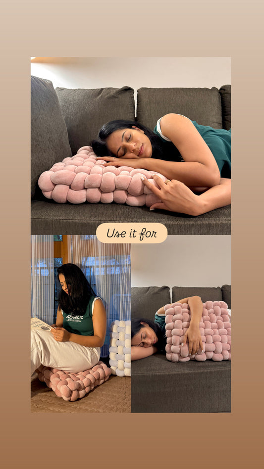 Woman using a pink knitted pillow in various settings