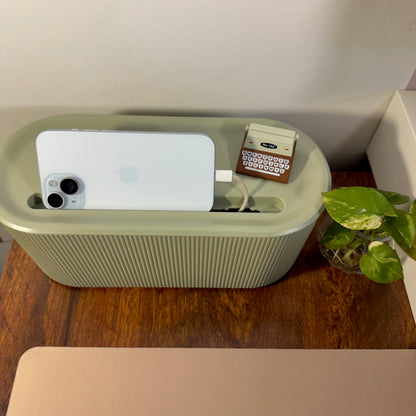 Green Cable Management box with phone, box, and charger on a wooden surface next to a plant.