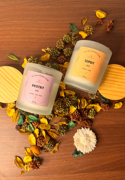 Scented soy wax candles— Kkotbit Lavender Rose and Sopbit Oakmoss Amber